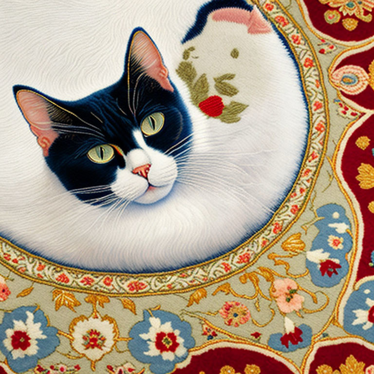 Black and White Cat with Yellow Eyes on Red Oriental Rug