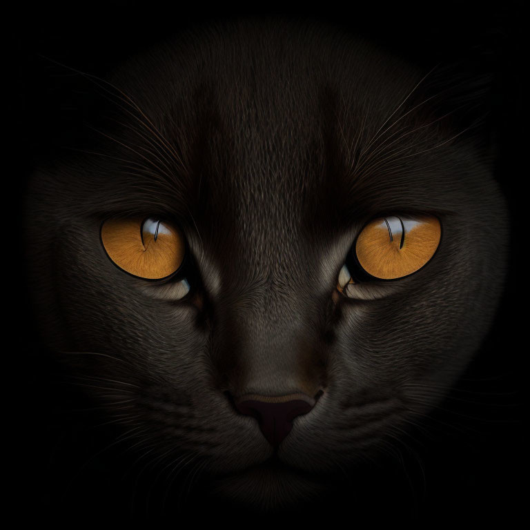 Dark-furred cat with luminous orange eyes in close-up portrait