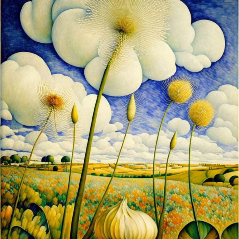 Surreal painting of oversized dandelion-like flowers in vivid landscape