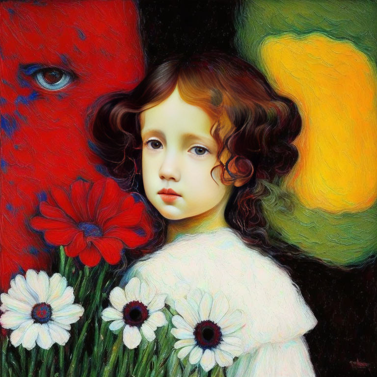 Young girl with curly brown hair in white dress among colorful flowers with surreal red eye.