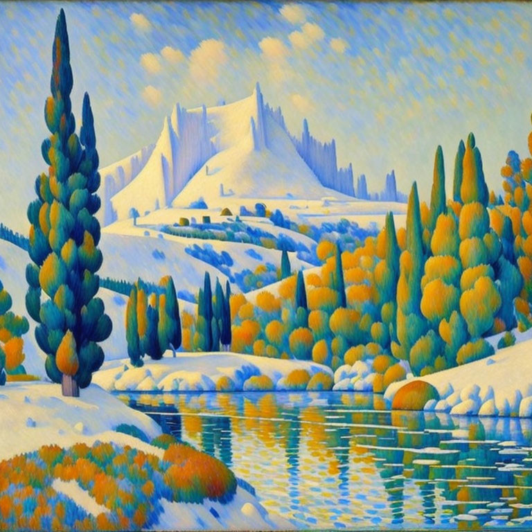 Rolling hills landscape with castle, river, and cypress trees