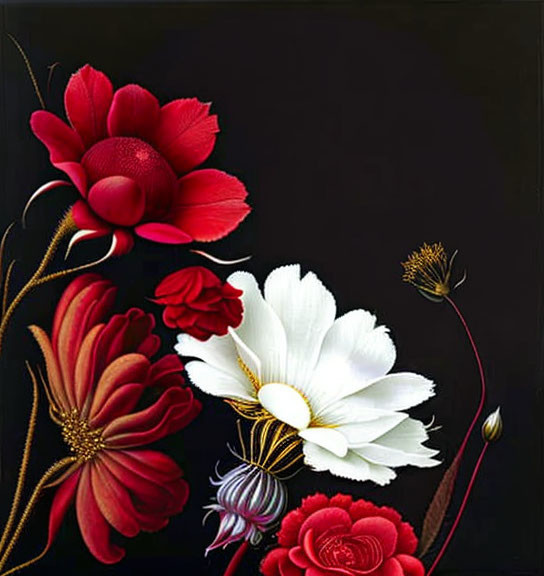 Detailed red and white flower illustration on black background