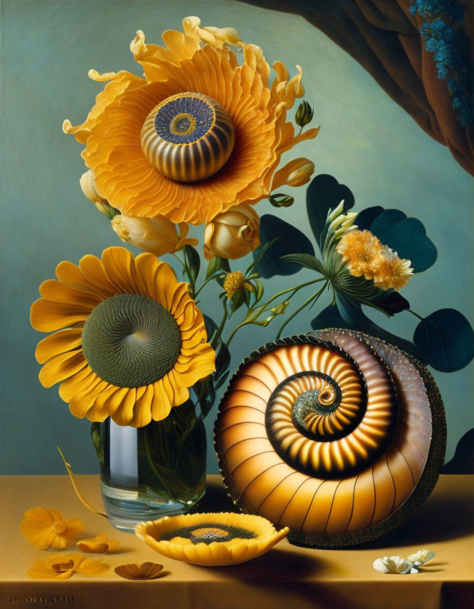 Surreal painting featuring nautilus shell and vibrant flowers