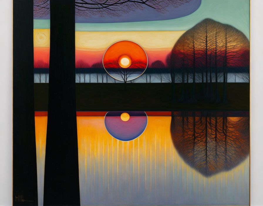 Tranquil sunset painting with circular motif and silhouetted trees