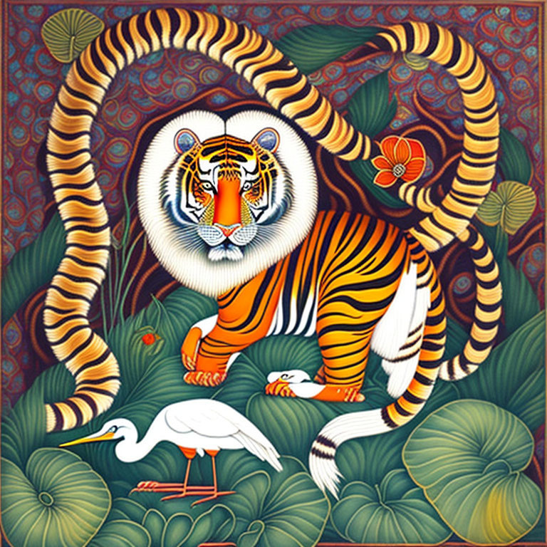 Detailed Folk Art Style Illustration of Tiger, Egrets, and Lotus Flowers