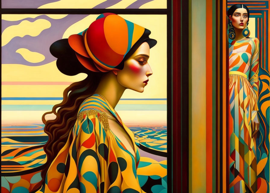 Colorful woman with headscarf and dress by window in stylized landscape