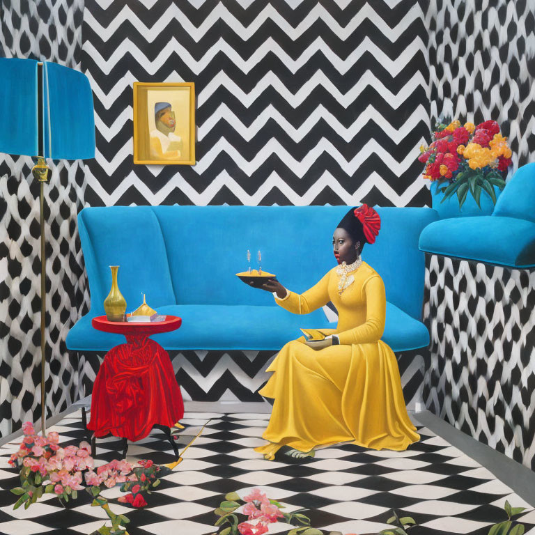 Woman in Yellow Dress on Blue Couch in Room with Zigzag Pattern Walls