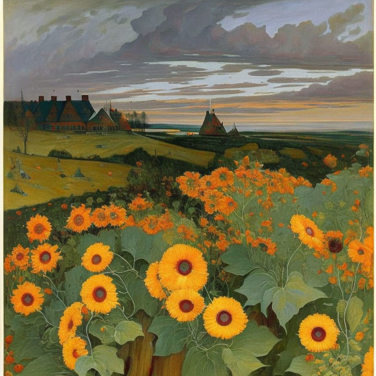 Vibrant sunflowers and traditional houses in dramatic landscape