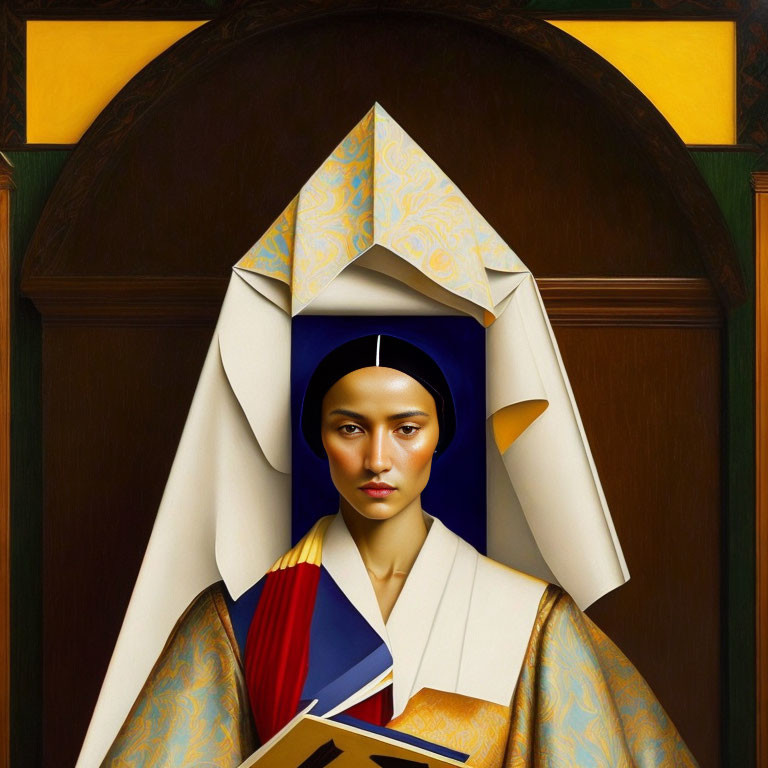 Asian woman in traditional headdress and garment against geometric backdrop