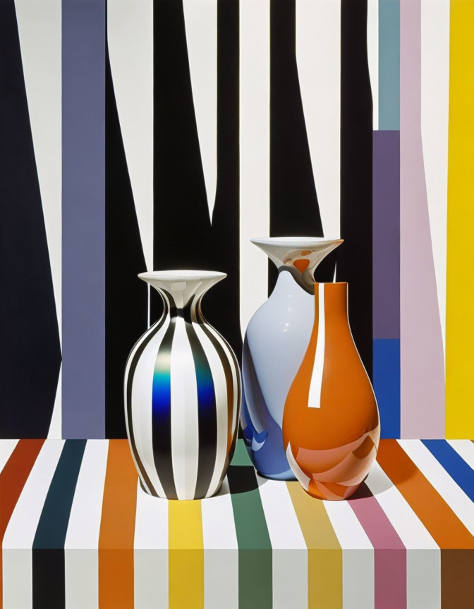 Reflective vases on striped surface with multicolored background.