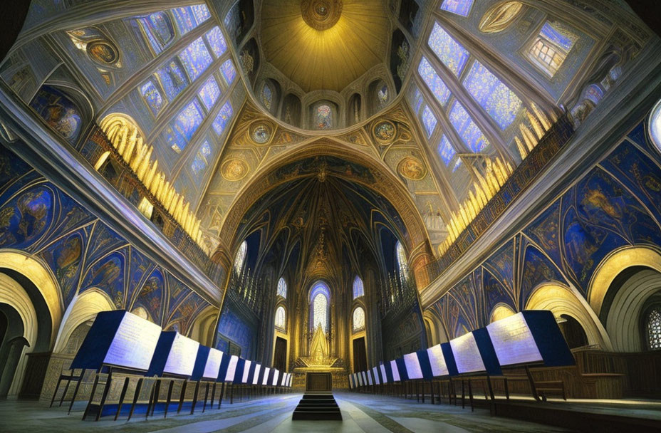 Cathedral interior with vaulted ceiling, stained glass windows, and illuminated altar