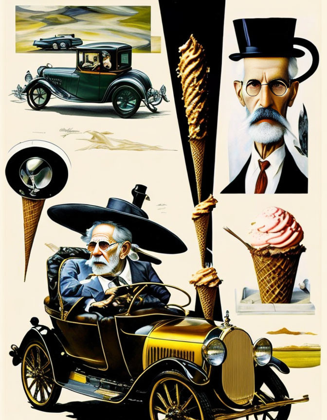 Man with monocle and top hat surrounded by vintage cars, ice cream cones, and wheat stalks