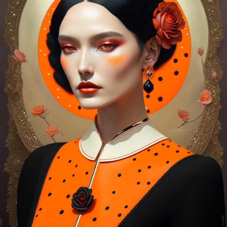 Stylized portrait of a woman in orange and black outfit with rose in hair on golden floral backdrop