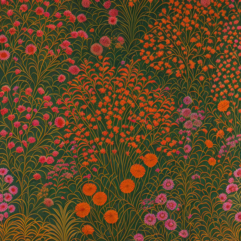 Detailed Floral Pattern with Pink and Orange Flowers on Dark Green Background