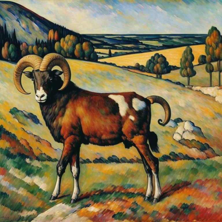 Brown and White Ram Painting on Vibrant Landscape with River