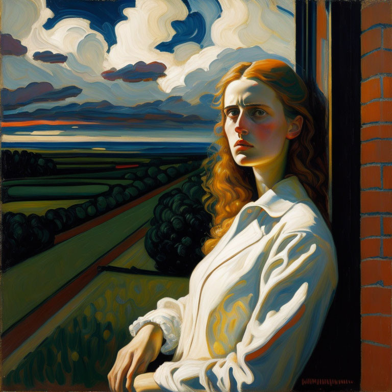 Stylized painting of a woman with red hair against a brick wall in rural landscape