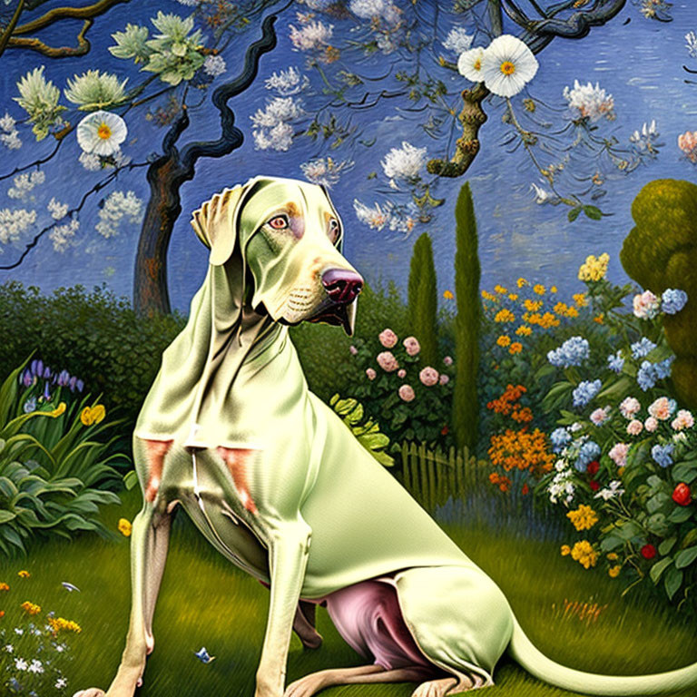 Surreal digital artwork: dog with human-like eyes in vibrant fantasy garden