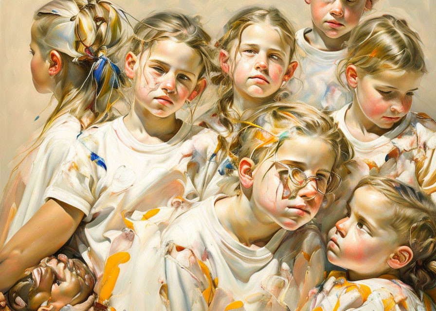 Multiple young girls in paint-splattered white shirts with solemn expressions