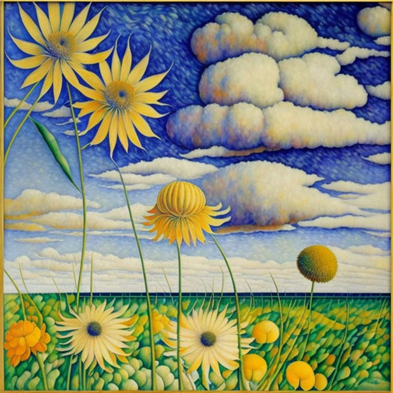 Vibrant sunflower field painting with bold outlines and fluffy clouds