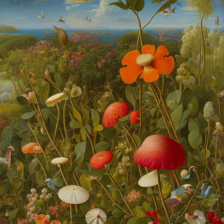 Colorful painting of oversized orange flowers and mushrooms in a lush landscape