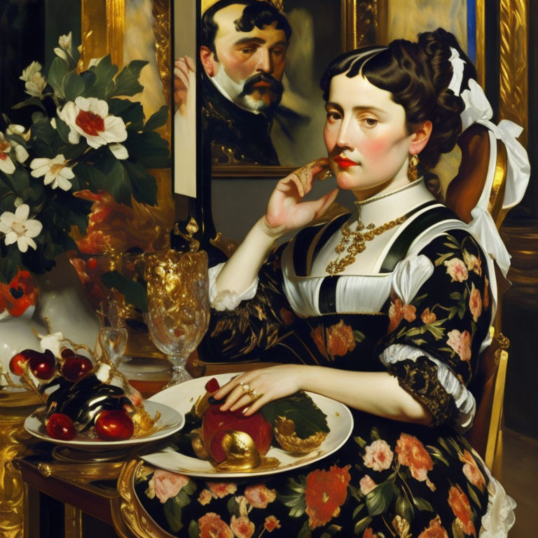 Victorian-era painting of a woman at a table with fruit and a mirrored reflection