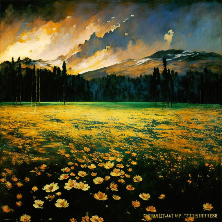 Dramatic sunset landscape with yellow flowers and dark mountains