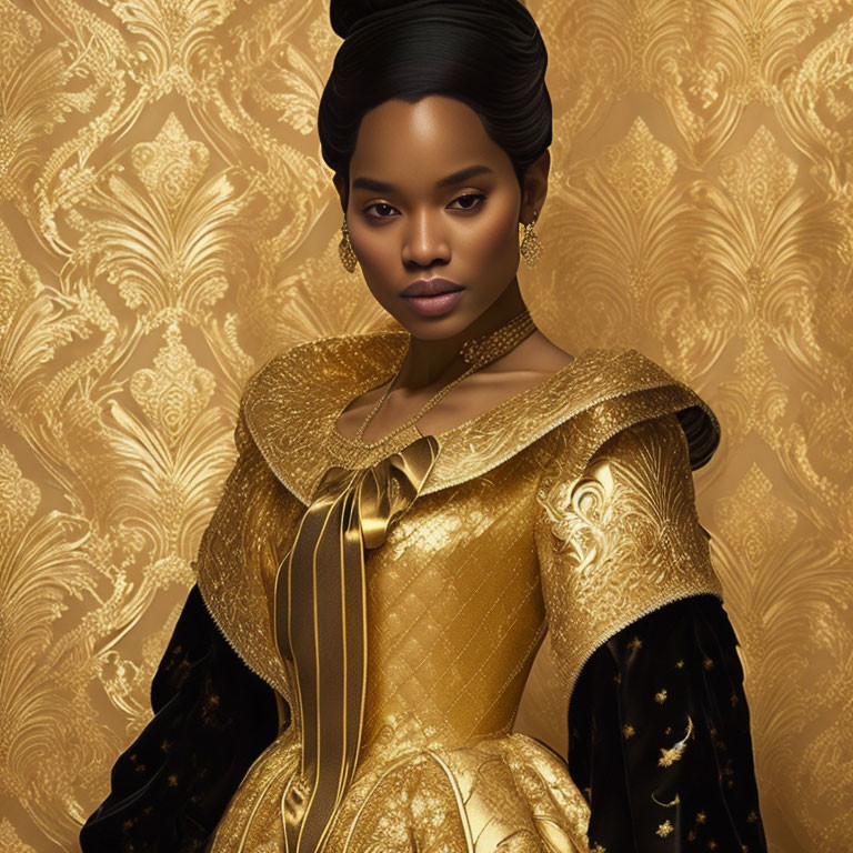 Regal woman in gold and black gown on patterned background