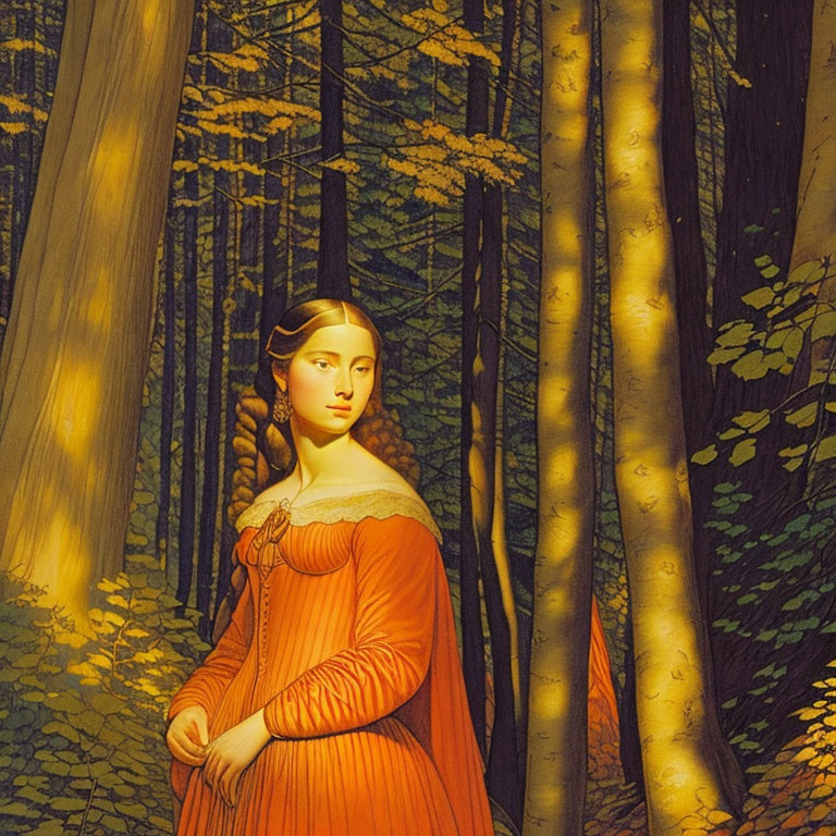 Woman in Orange Dress Standing in Sunlit Forest with Tall Trees