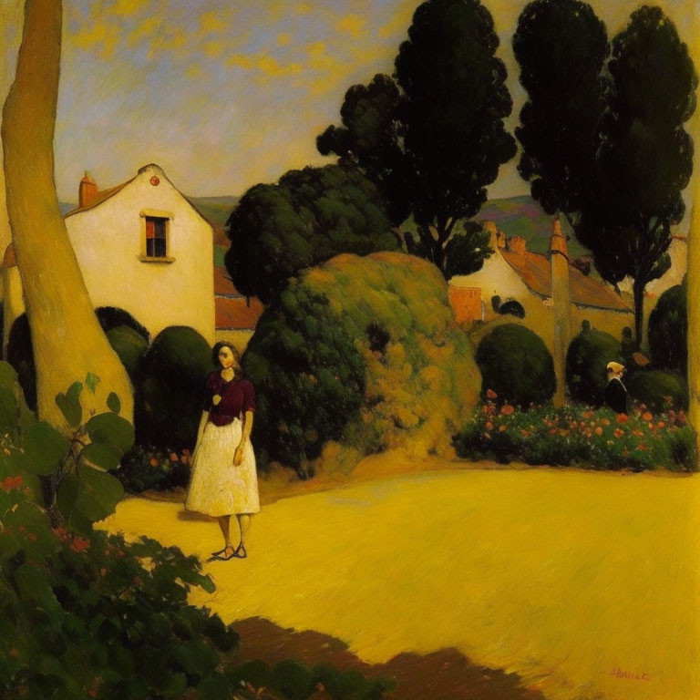 Woman in white dress in sunlit garden with trees, flowers & houses