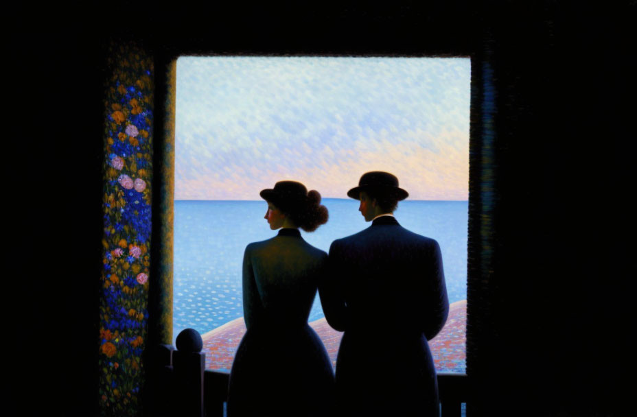 Vintage Attired Couple Gazes at Tranquil Sea Through Open Window