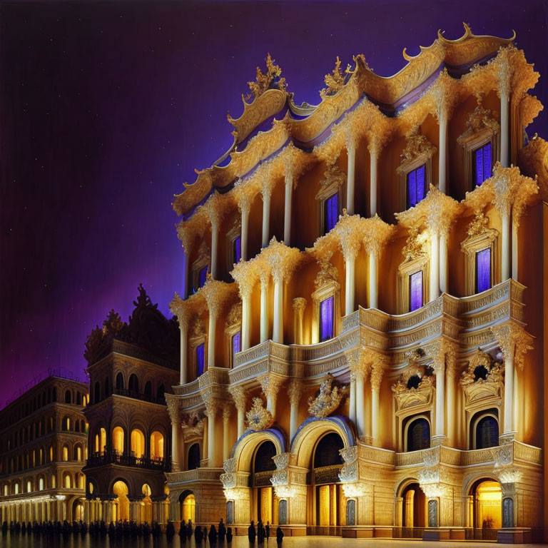 Golden building at night with starry sky and people in line