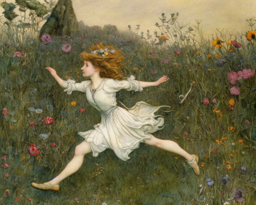 Young girl in white dress running through colorful wildflowers in meadow with butterfly