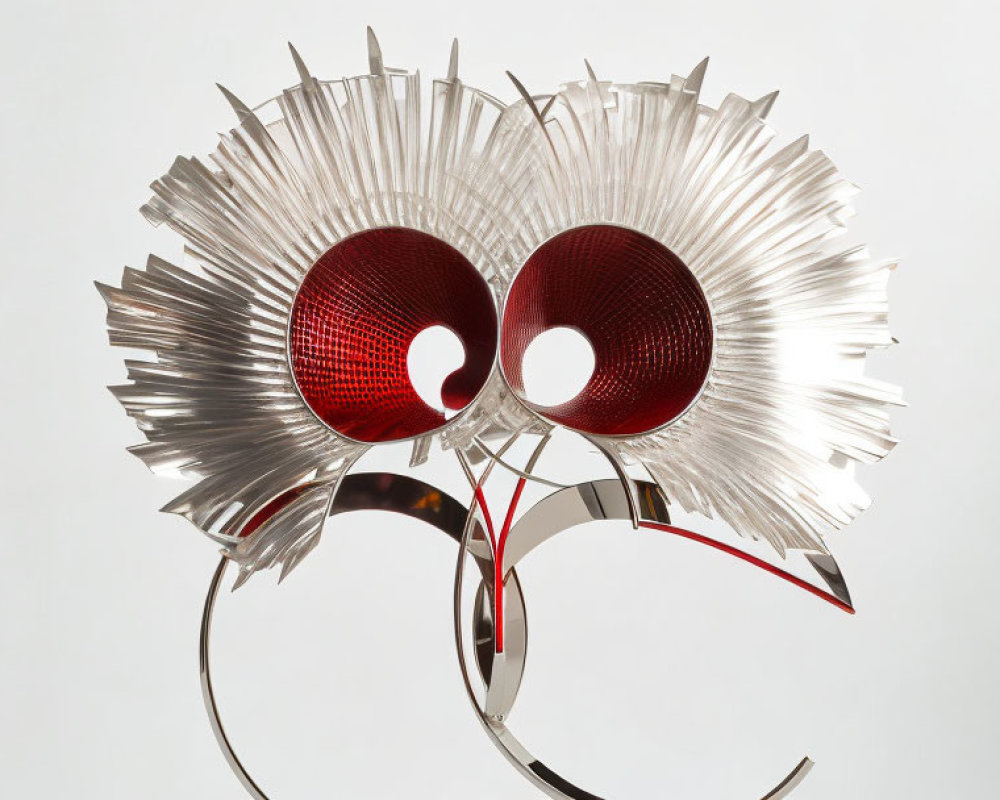 Futuristic sculpture with red-eyed circles on silver fins stand