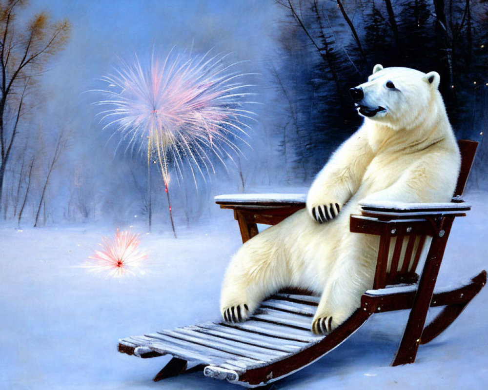 Polar bear sitting on chair watching fireworks in snowy landscape