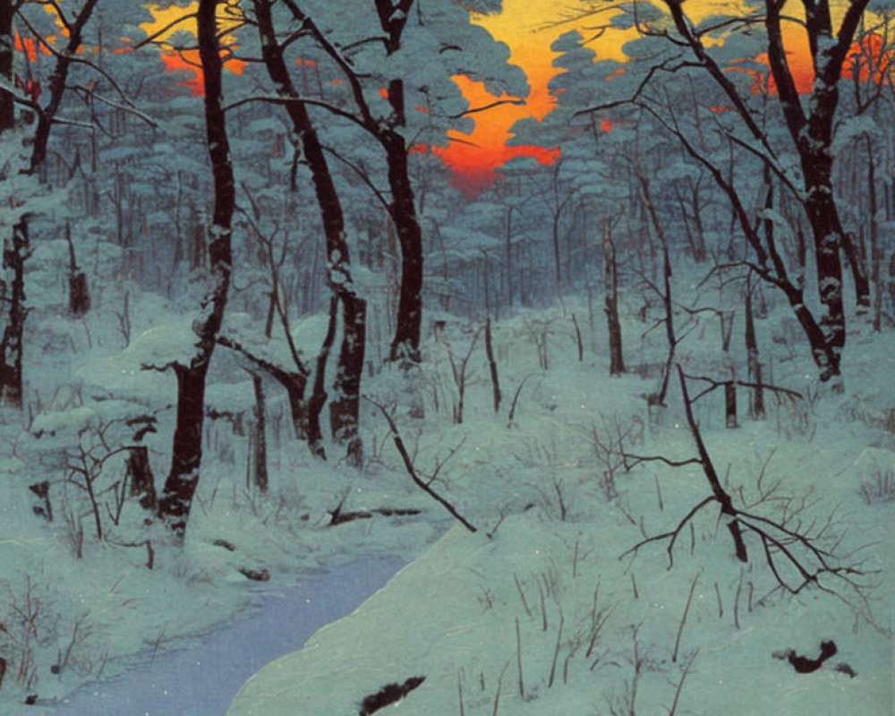 Snow-covered Ground and Bare Trees in Vibrant Winter Sunset