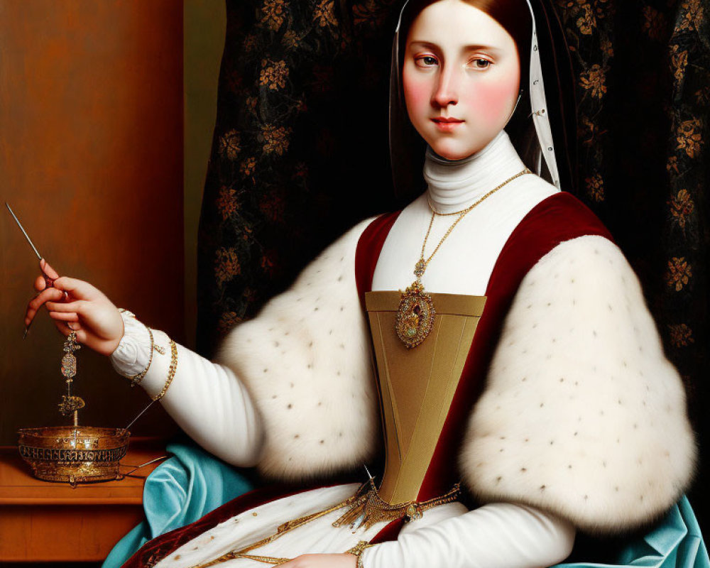 Historical painting of a woman in fur wrap with rod next to table.