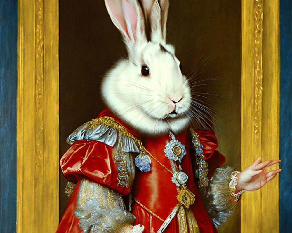 Whimsical portrait: Rabbit-headed figure in Renaissance attire