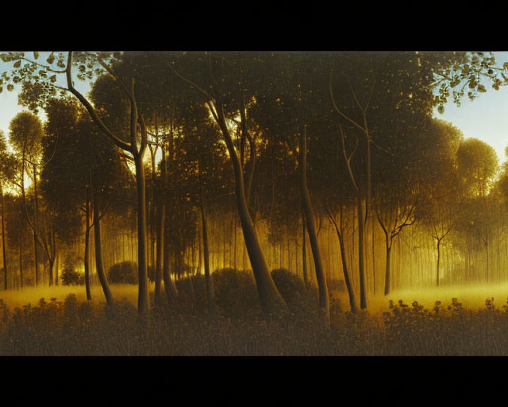 Tranquil forest scene at dusk: tall trees, golden haze