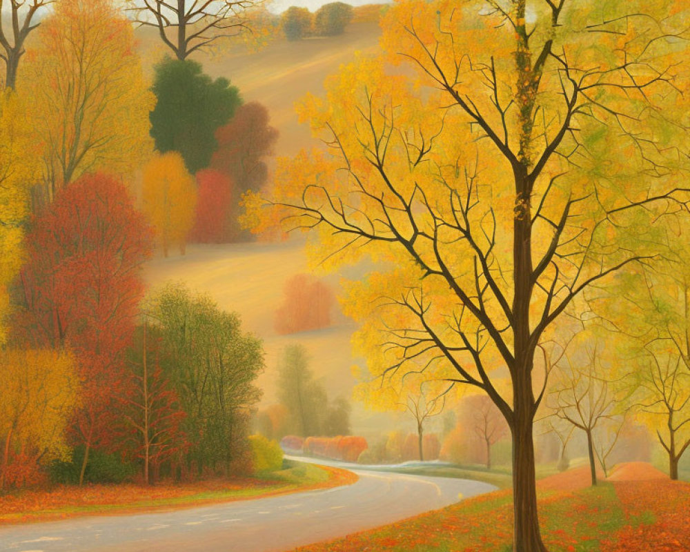 Tranquil autumn forest with winding road and colorful leaves