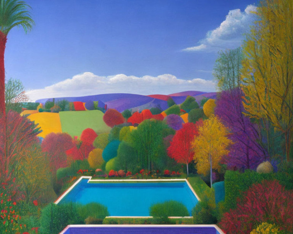 Colorful Garden Painting with Pool, Trees, and Hills under Blue Sky