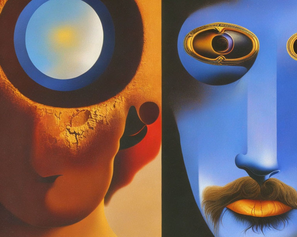 Surrealistic Artwork: Two Faces with Abstract Eyes and Realistic Mustache