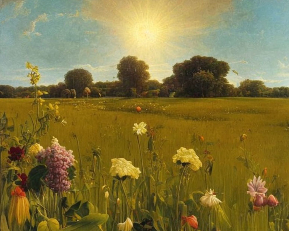 Sunlit field with vibrant flowers and lush trees under radiant sunset sky