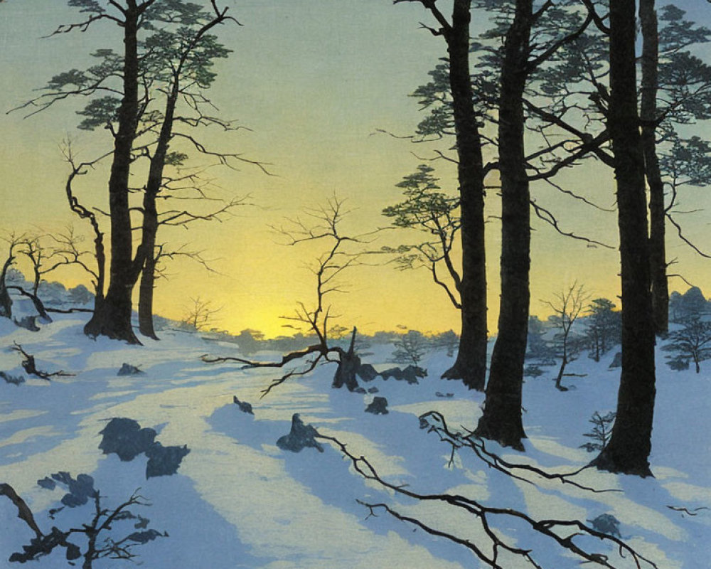 Snowy Twilight Landscape with Bare Trees, Setting Sun, and Distant Mountain