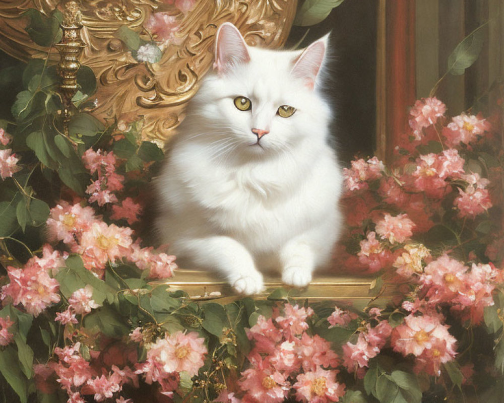 Fluffy White Cat Among Pink Roses and Gold Chair