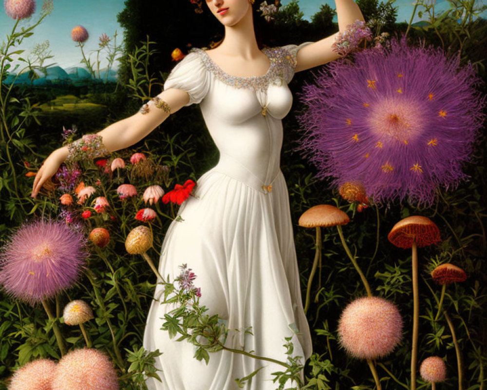 Woman in White Dress Poses Among Oversized Flowers