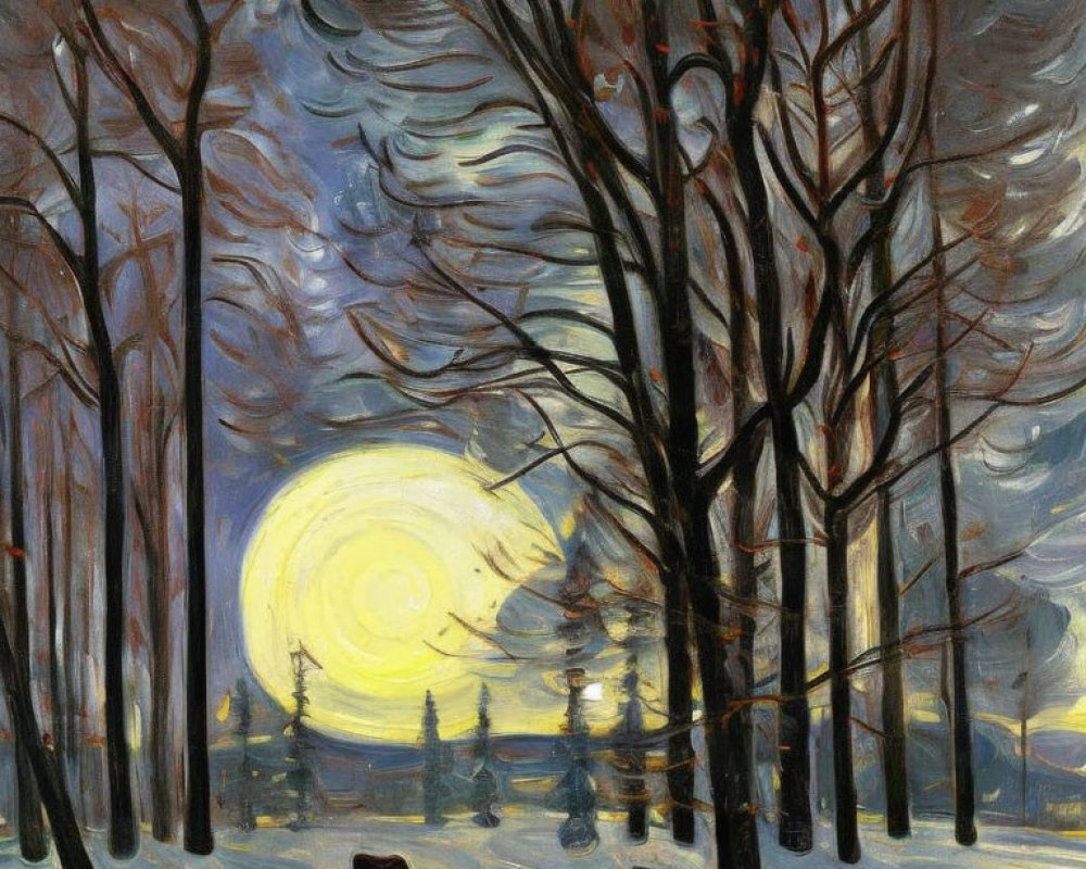 Expressionist Forest Painting with Yellow Moon and Swirling Sky