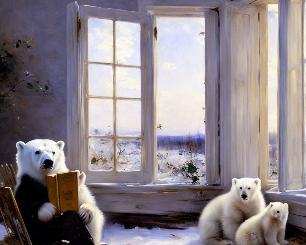 Polar bear and cubs in room with snowy landscape outside