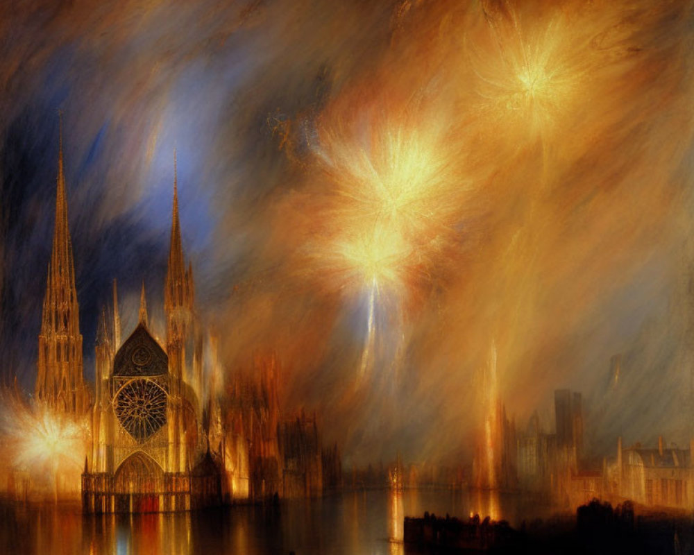 Gothic cathedral painting by river at night with dramatic sky and bursts of light