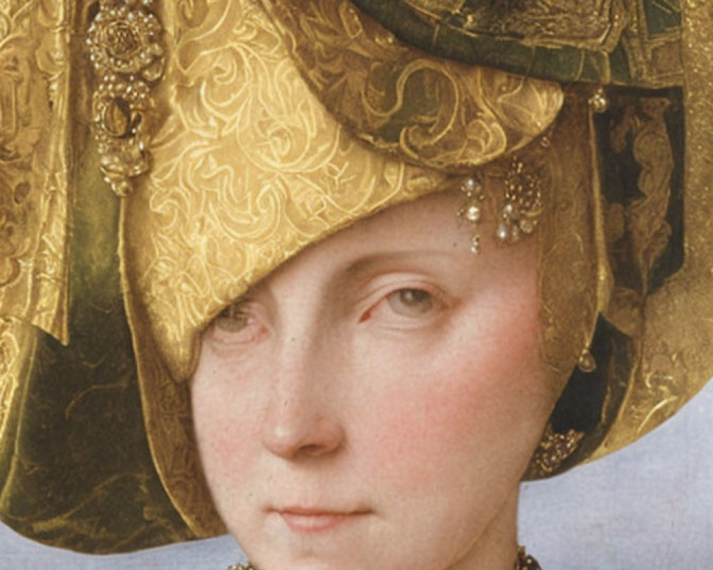 Ornate gold headdress and pearl embellishments on a woman's portrait