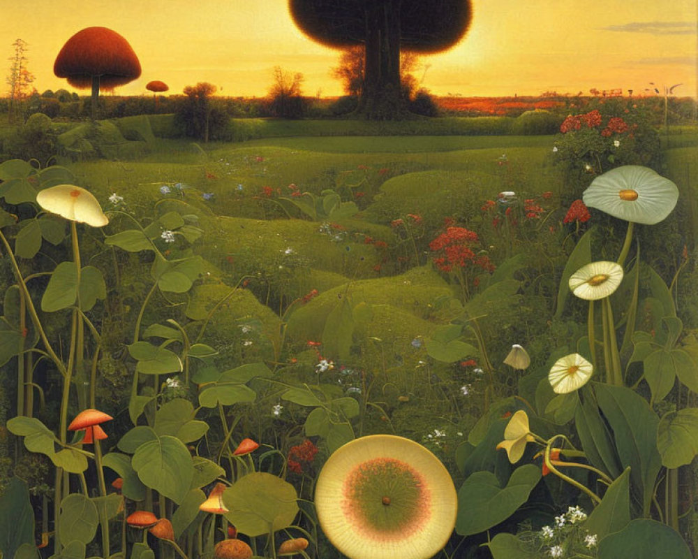 Fantastical sunset landscape with oversized mushrooms and lily pads amid wildflowers